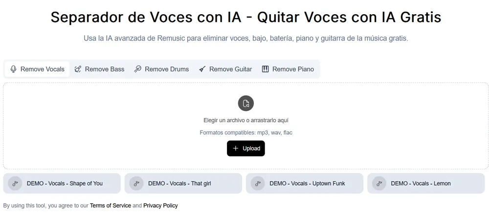 Interface principale de l'application Remusic pour séparer l'audio.