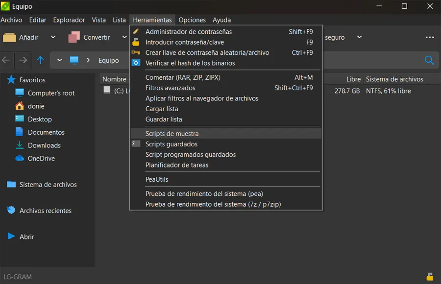interface de menu Peazip