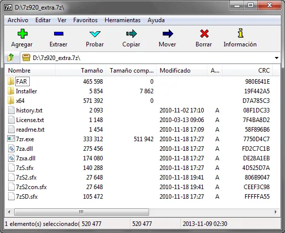 Interface de compression de fichiers 7 zip.