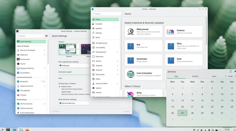 Interface d'environnement de bureau Linux KDE Plasma.