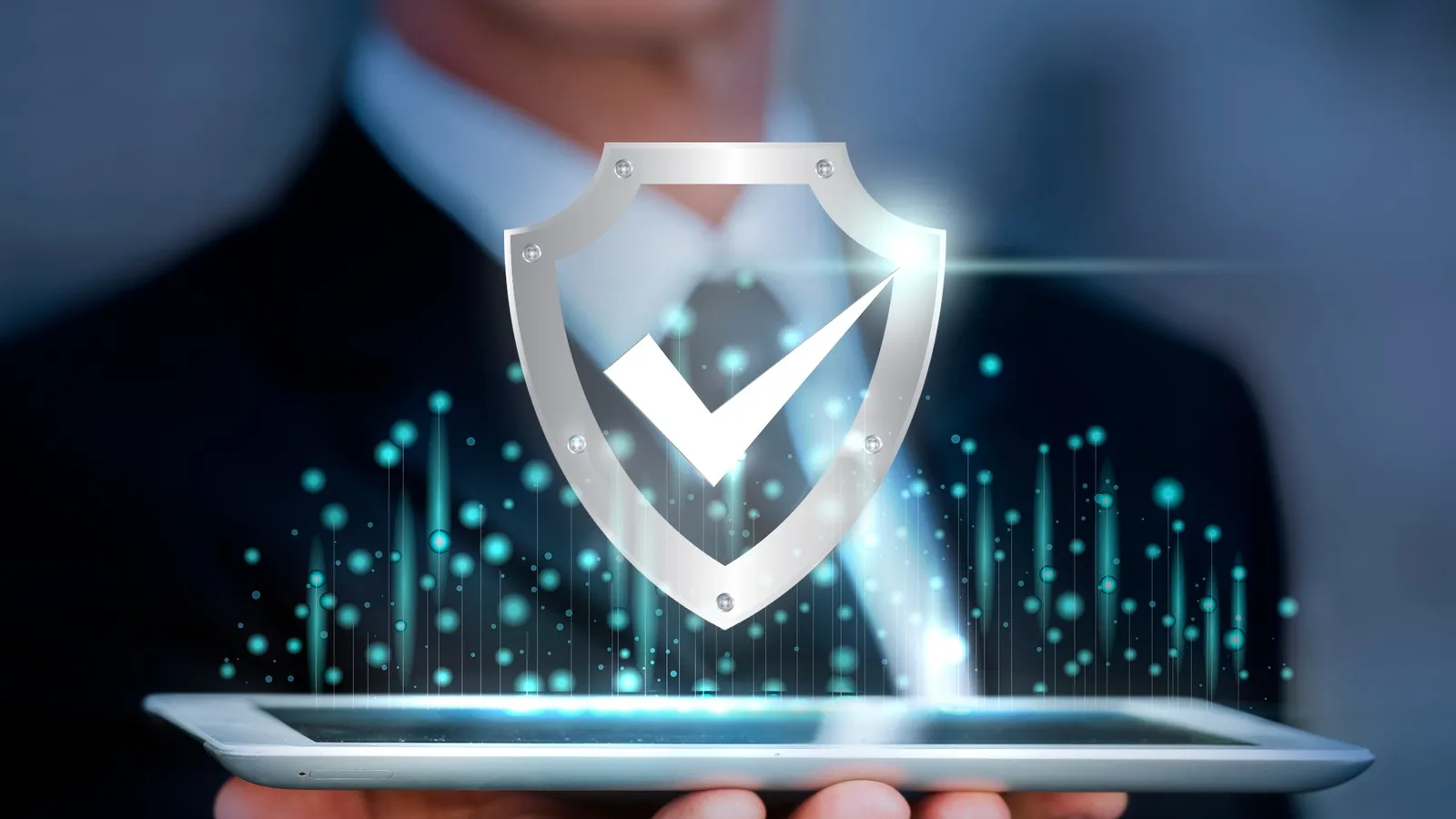 Illustration d'un antivirus avec bouclier au premier plan.