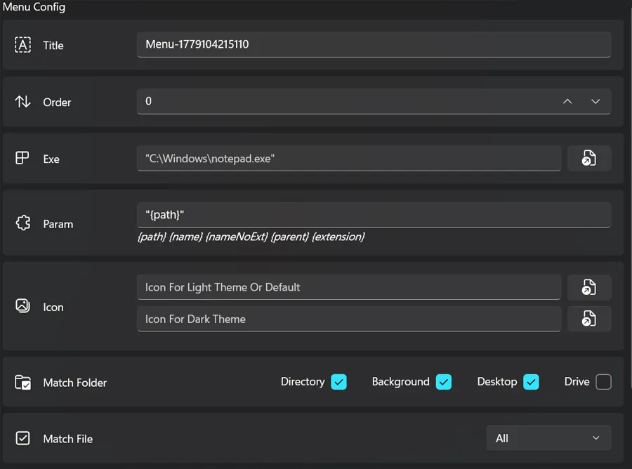 Paramètres d'application du menu contextuel personnalisé