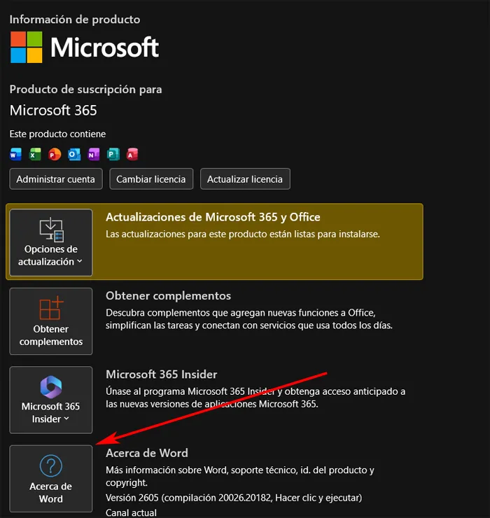 Option appelée À propos dans Word pour voir la version Microsoft 365.