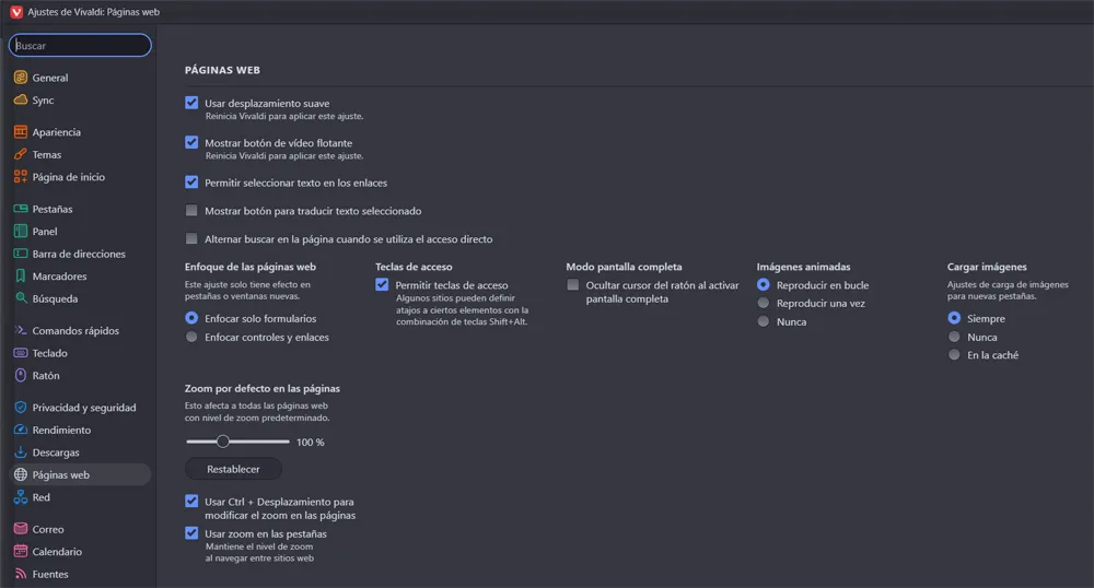 configuration Web de Vivaldi