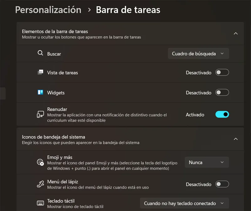Paramètres de la barre des tâches dans Windows 11.