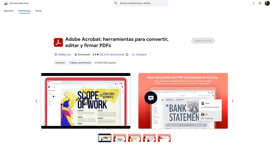 Page d'extension Adobe Acrobat Chrome.