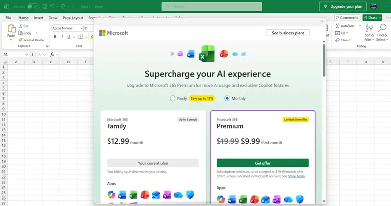 Publicité paiement Microsoft 365 Excel.