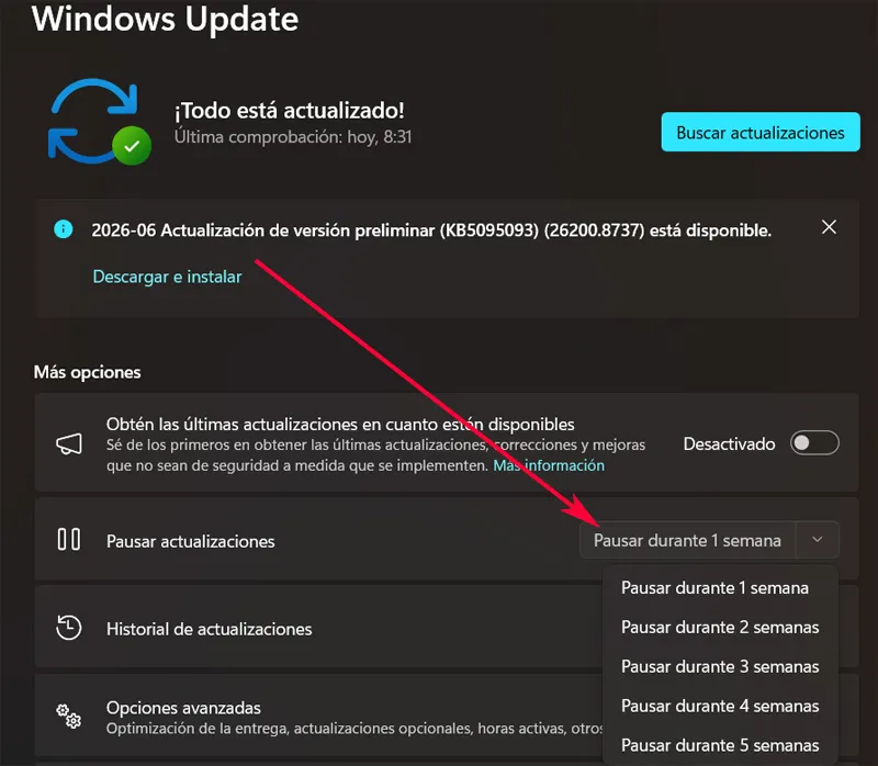 Fonctionnalité de pause de Windows Update.