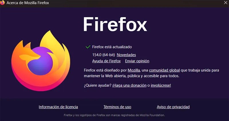 Fenêtre de la version actuelle de Firefox.