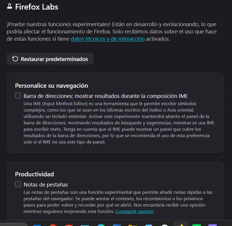 Section des paramètres de Firefox Labs.