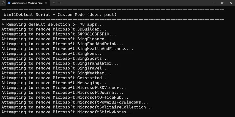 Script Win11Debloat en cours d'exécution.