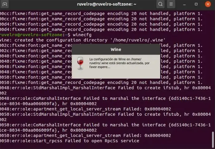 Processus de configuration de Wine sous Linux.