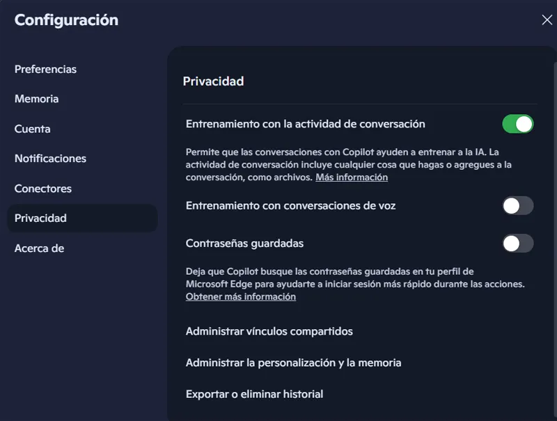 Funciones privacidad Copilot.