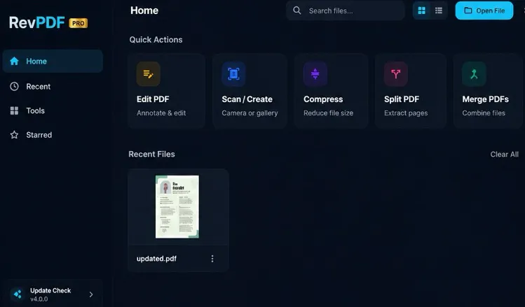 Interface RevPDF pour l'édition de PDF.