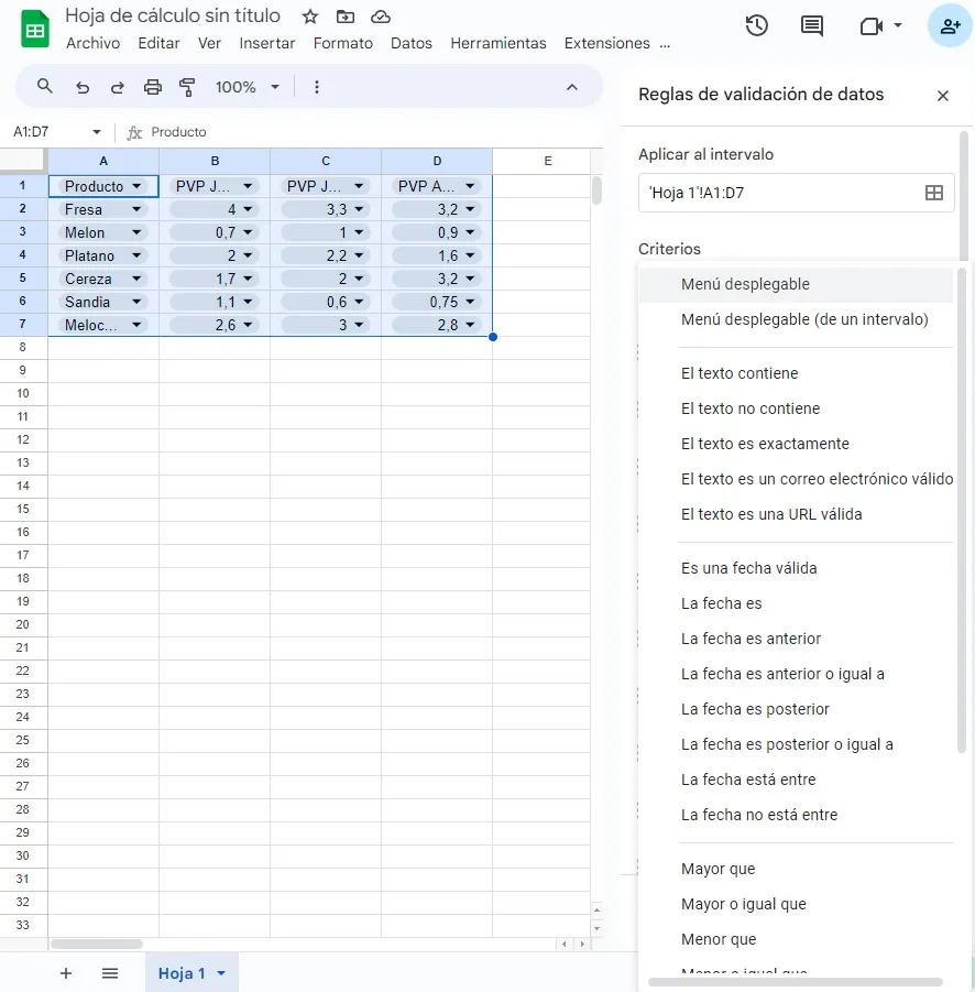 Validation des données Google Sheets