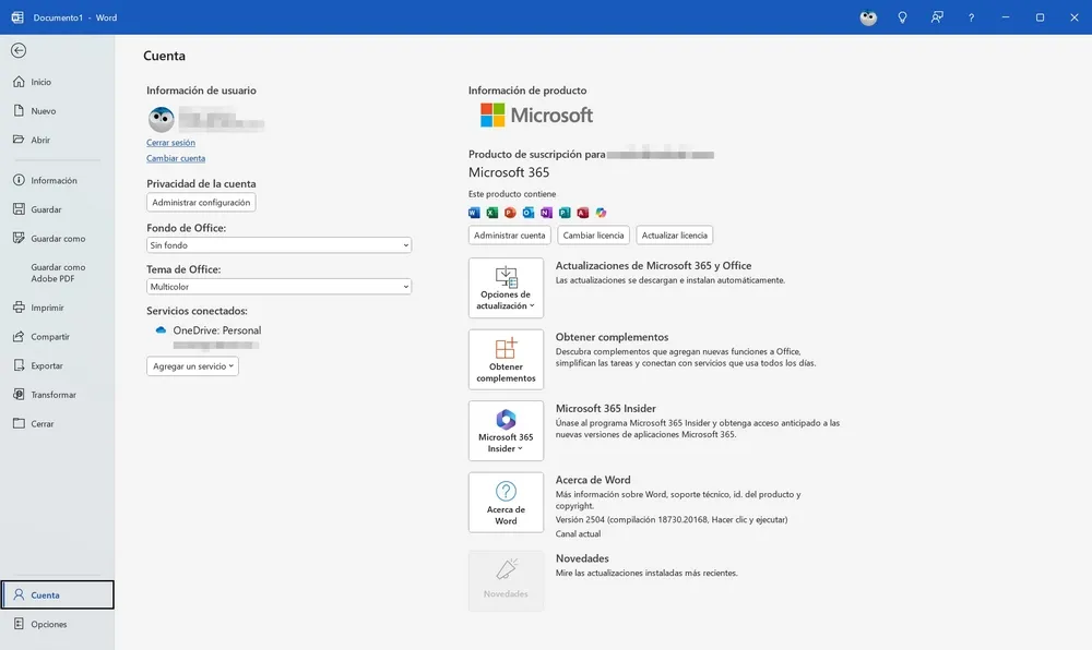 Capture d'écran de Word dans Microsoft 365 affichant les détails de l'abonnement