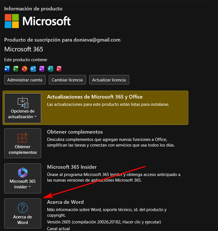 Option à propos de Word Microsoft 365