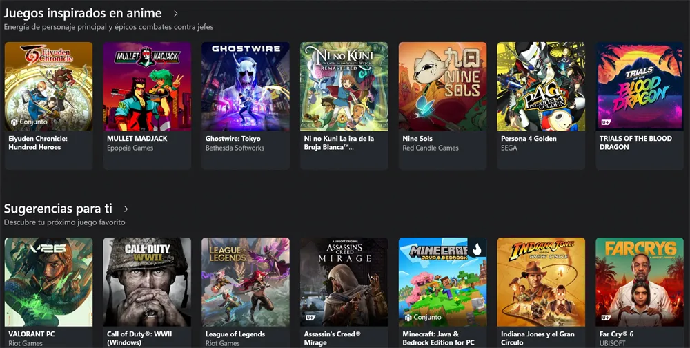 Liste des jeux de l'application Xbox installés sur Windows.