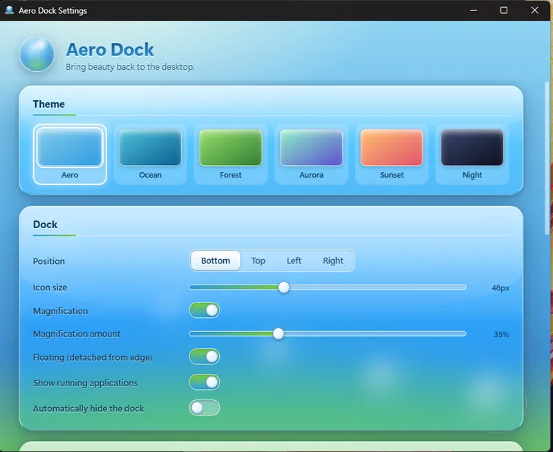 Configuration de l'application Aero Dock.