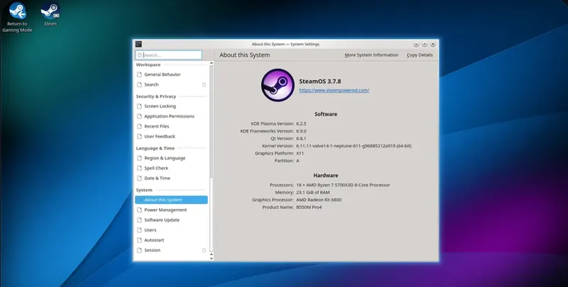 Version de l'interface Linux SteamOS à l'écran.