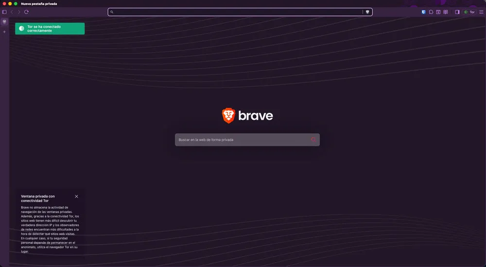 Interface d'accueil courageuse avec fond violet foncé, logo central et barre de recherche sur un design de ligne ondulée.
