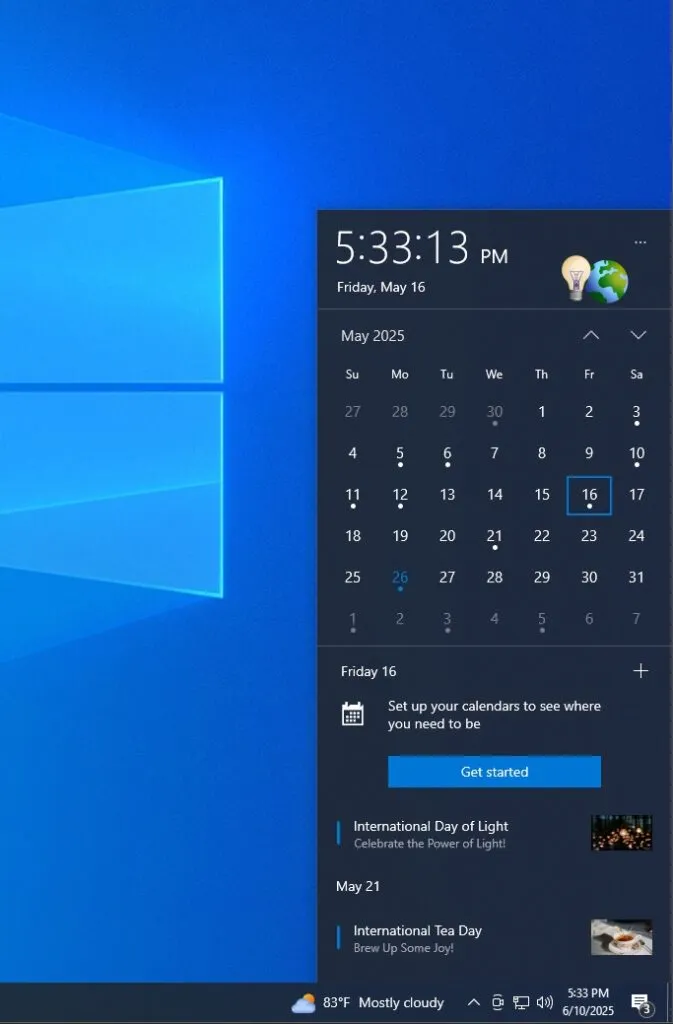 Ampoule de calendrier Windows 10