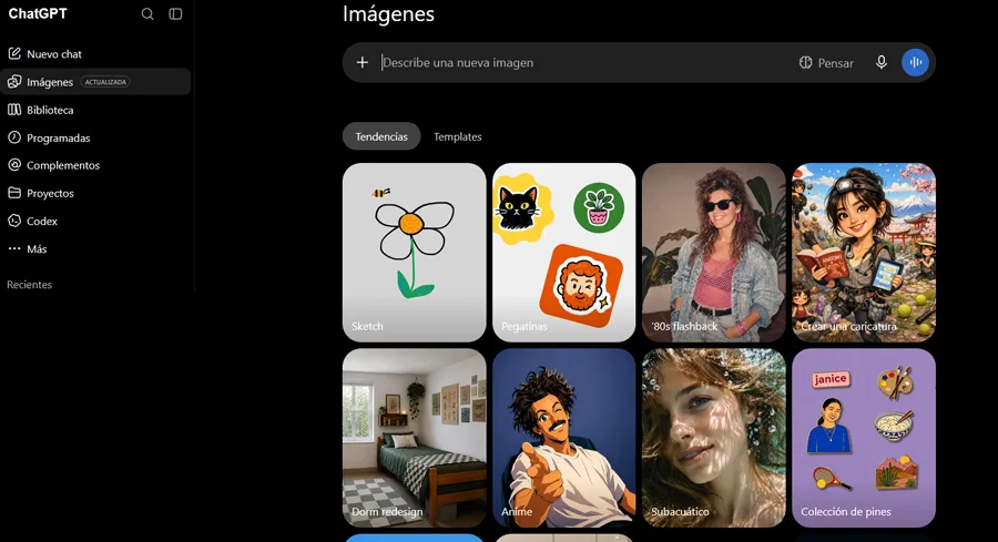 Interface Web ChatGPT Images.