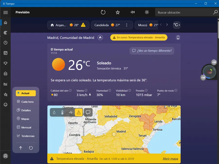 Application météo sous Windows 11.