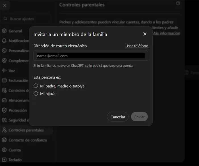 E-mail de contrôle parental ChatGPT.