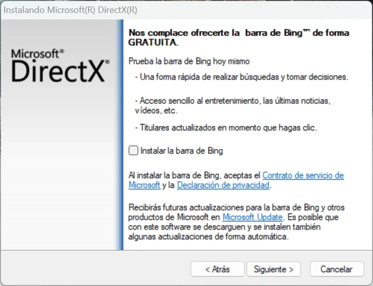 Fenêtre d'installation de DirectX dans Windows 11 affichant les options de la barre Bing.