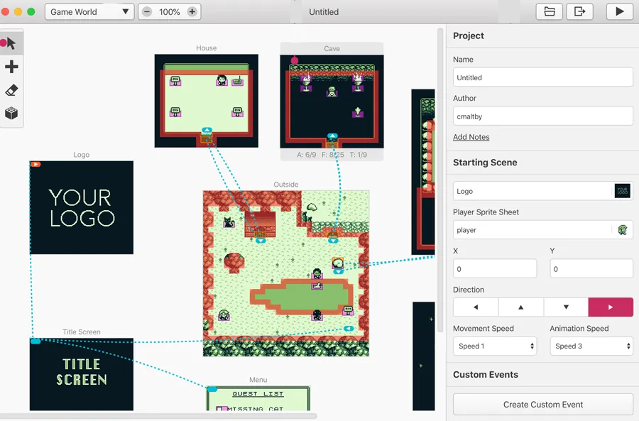 Interface de développement de jeux GB Studio.
