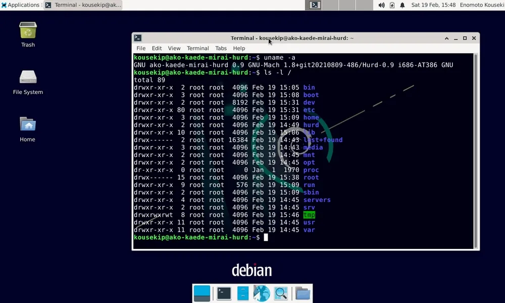 Ouvrez le terminal sur un bureau Debian GNU/Hurd affichant les commandes système sur un fond bleu foncé.
