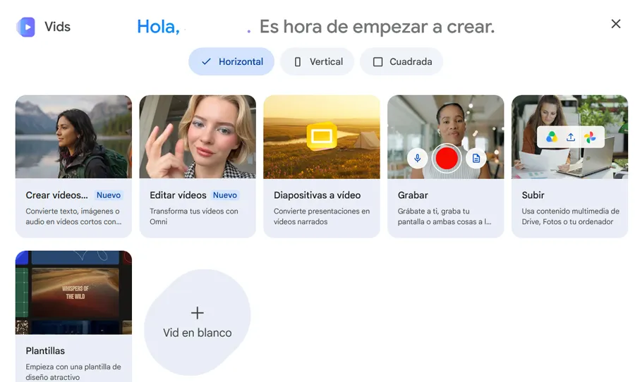 Interface initiale de Google Vids.