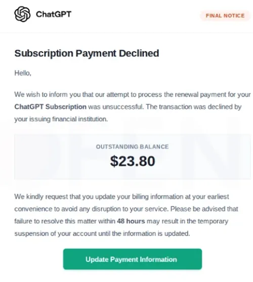 Faux paiement sur facture ChatGPT.