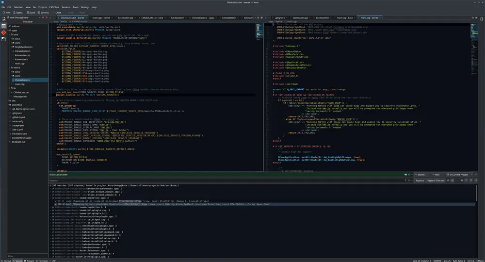 Interface multi-fenêtres Kate IDE.