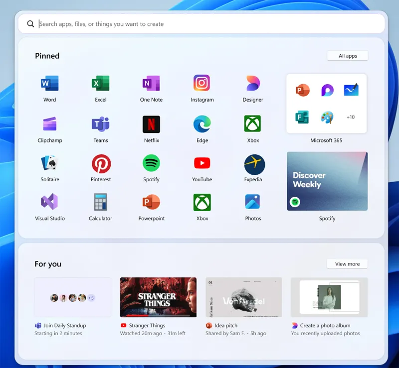 Deuxième prototype du menu Démarrer.