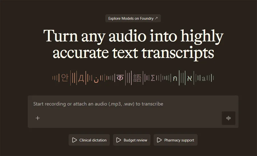 Interface Web Microsoft MAI-Transcribe-2.