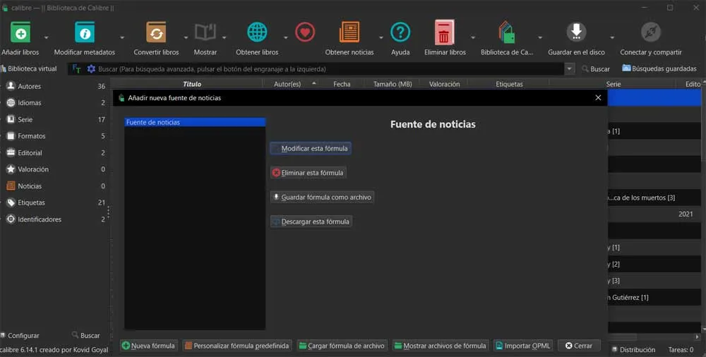 logiciel calibre avec fenêtre d'actualités