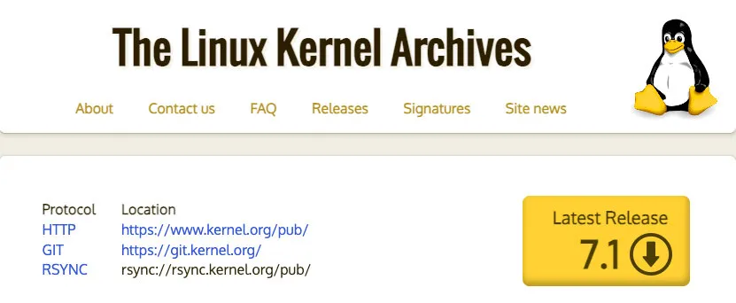 Capture d'écran du site Web The Linux Kernel Archives avec le bouton de téléchargement de la version stable 7.1 et du pingouin Tux.