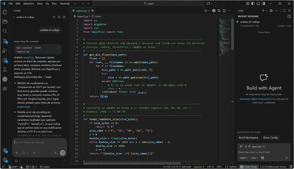 Environnement de développement avec code Python, explorateur de fichiers et assistant IA en mode sombre.