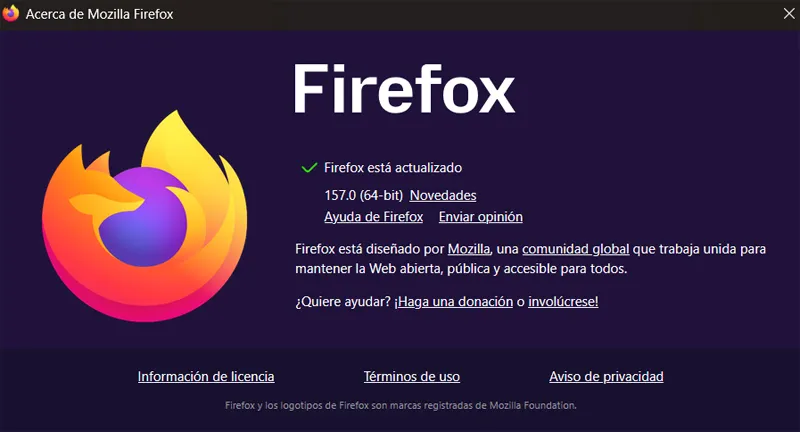 Fenêtre de version de Firefox.
