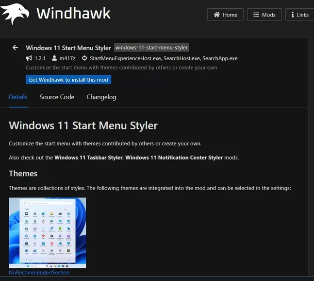 Interface d'installation du mod Windhawk
