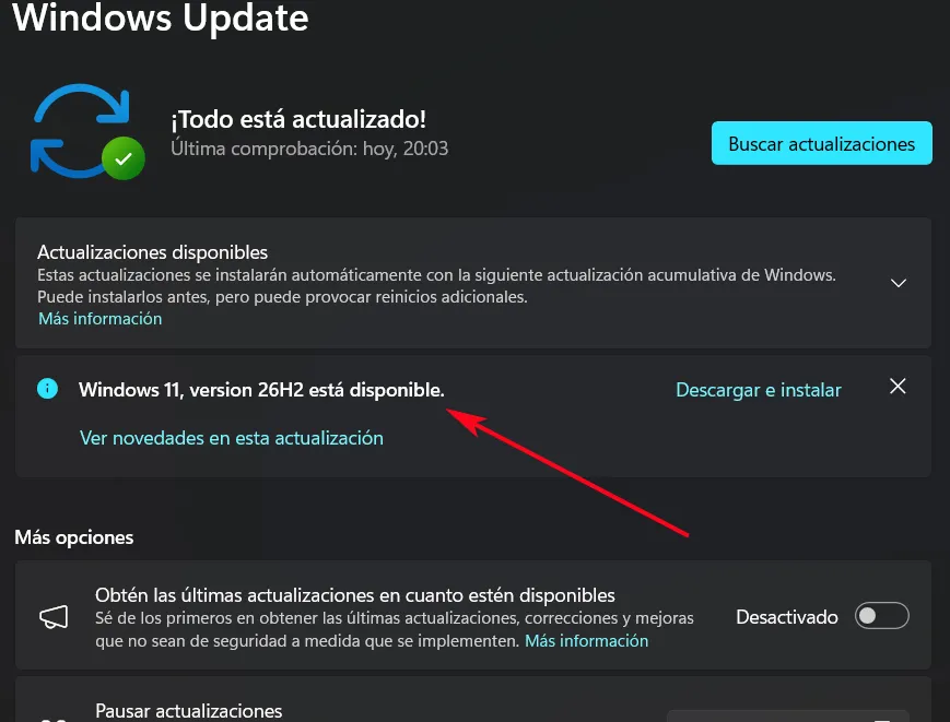 Windows 11 26H2 disponible via Windows Update dès maintenant. Photo : capture Softzone.