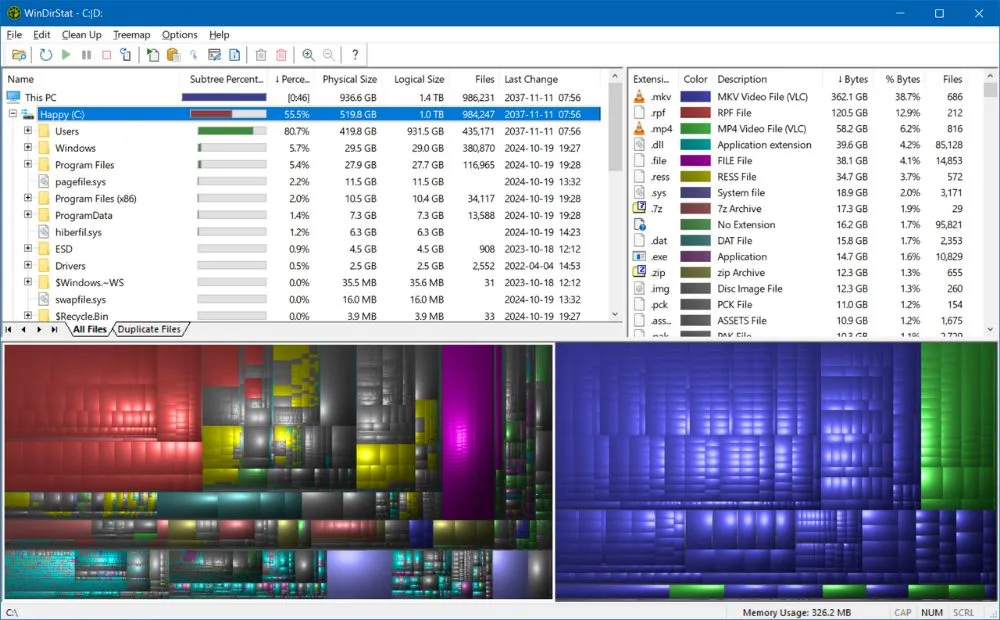 Interface WinDirStat 2.0.1 affichant l'analyse de l'utilisation du disque