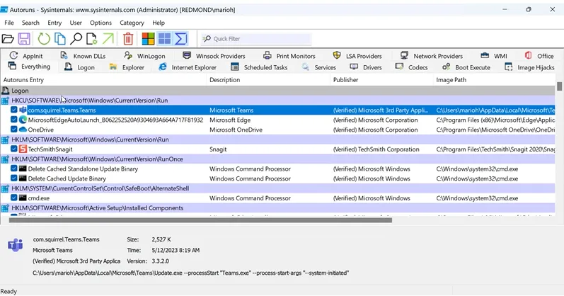 Le programme Microsoft Autoruns fonctionne.