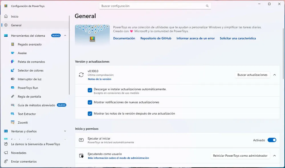 Panneau de paramètres généraux de Microsoft PowerToys version 0.100.0 avec options de mise à jour et autorisations d'administrateur sous Windows.