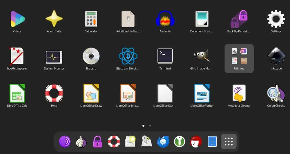 Interface principale de la distribution Linux Tails.